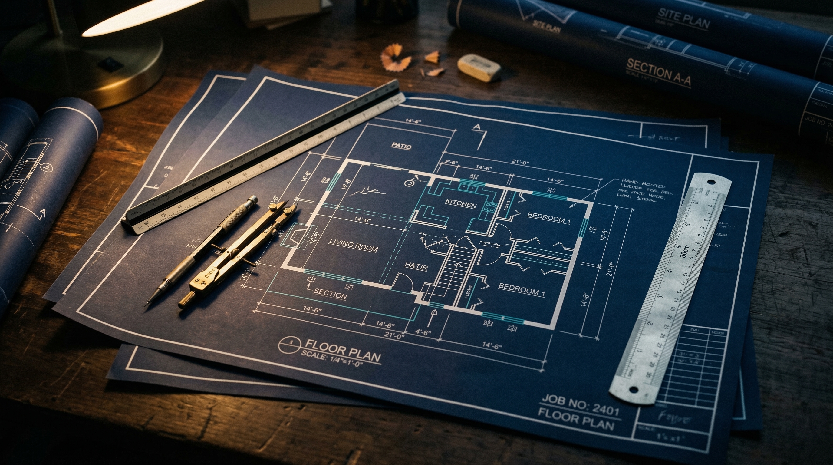 Architect's drafting desk with blueprints