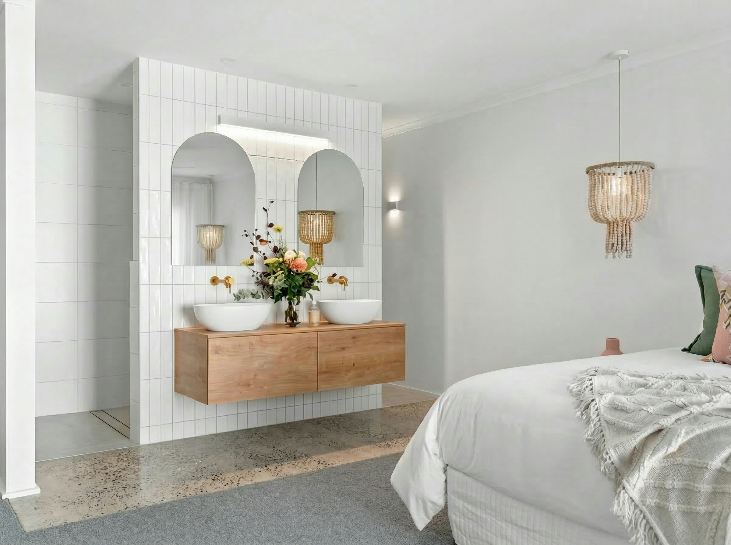 Semaphore bathroom — floating vanity with vessel basins, arch mirrors and subway tile wall