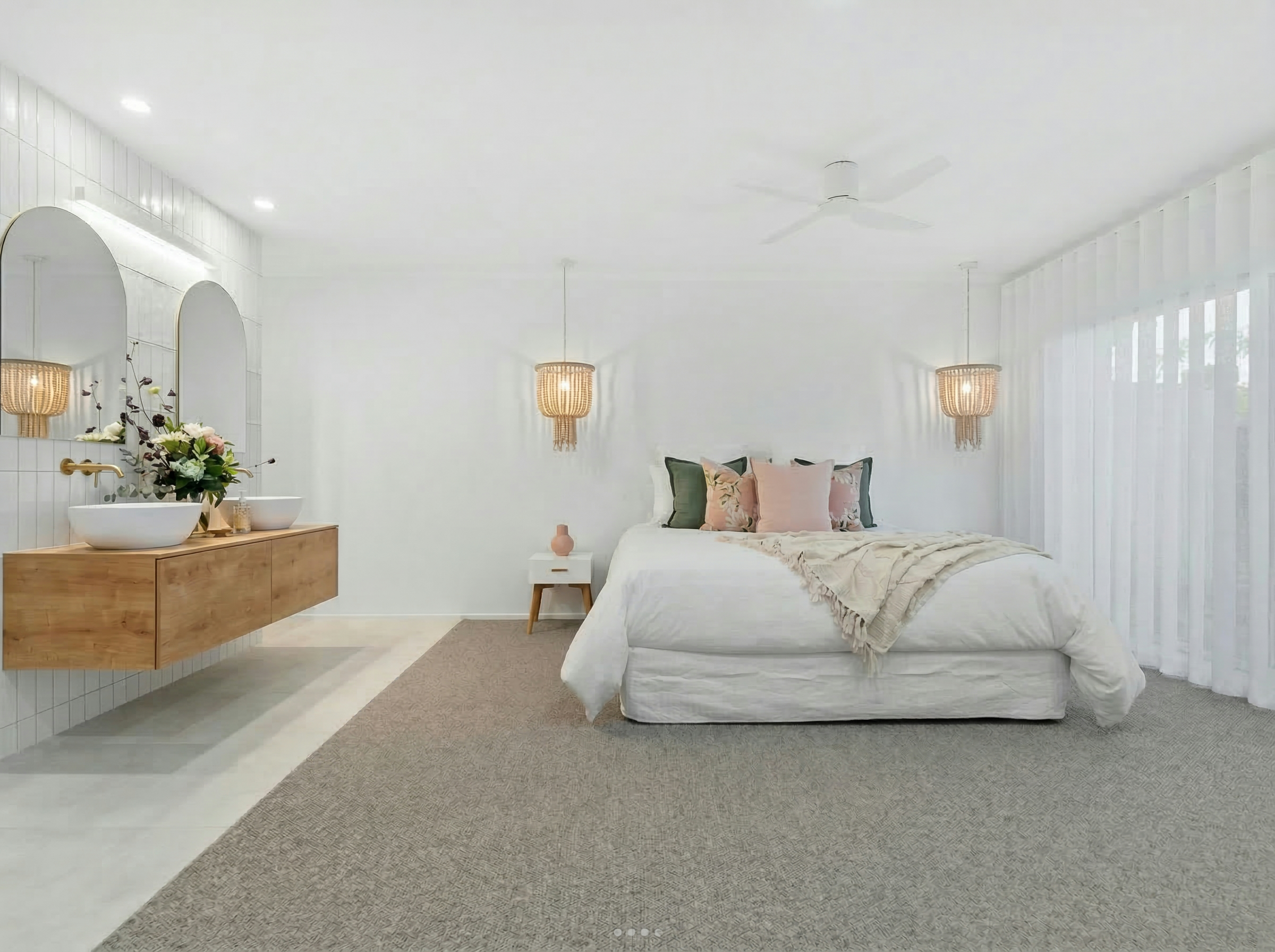 Semaphore master bedroom — wide view with ceiling fan, sheer curtains and pendant lights