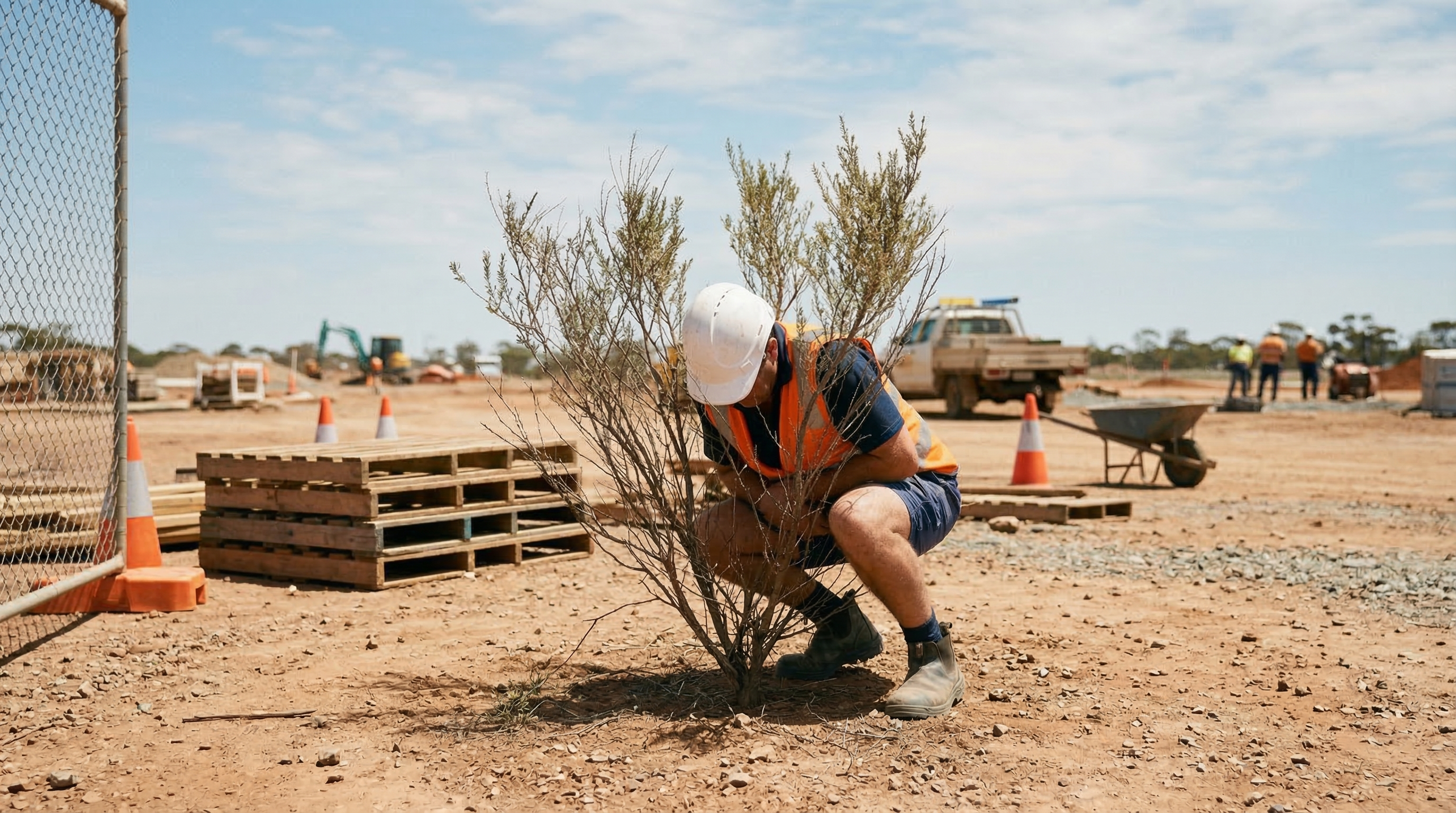 Construction worker behind a bush on an Australian job site